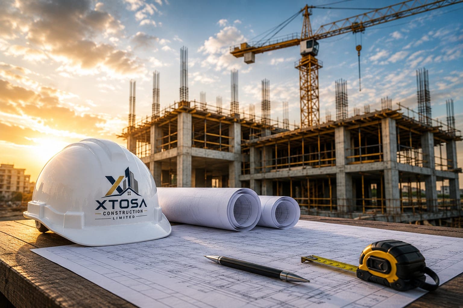 Xtosa Construction Limited site visit with hard hat and blueprints